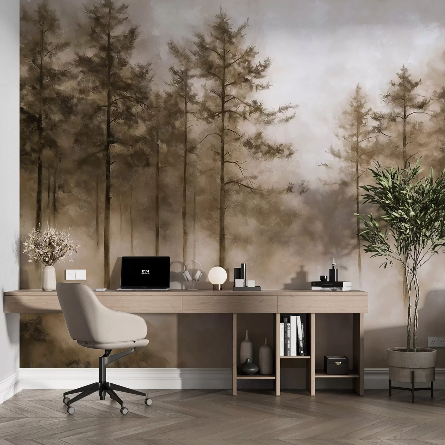 fototapet Pădure mistică, pini, ceață, vopsea acrilică, culori bej w02149v1