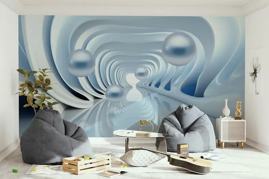 fototapet Tapet futurist cu o panoramă a tunelului în perspectivă și perle zburătoare w02134