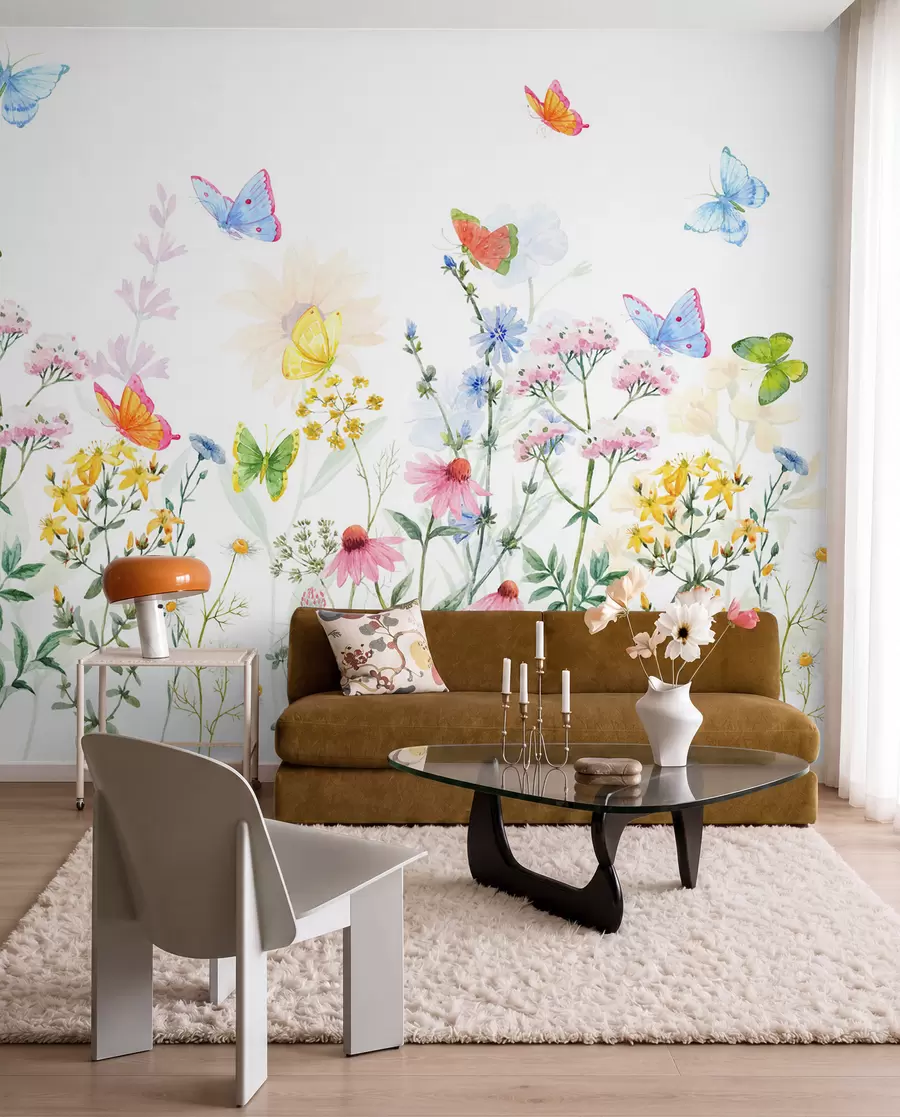 fototapet Flori și plante colorate și fluturi w02238