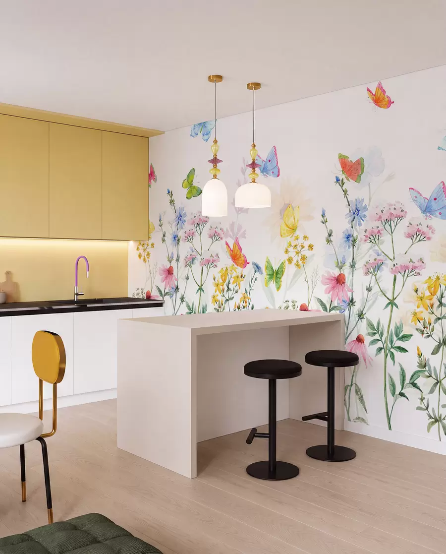 fototapet Flori și plante colorate și fluturi w02238