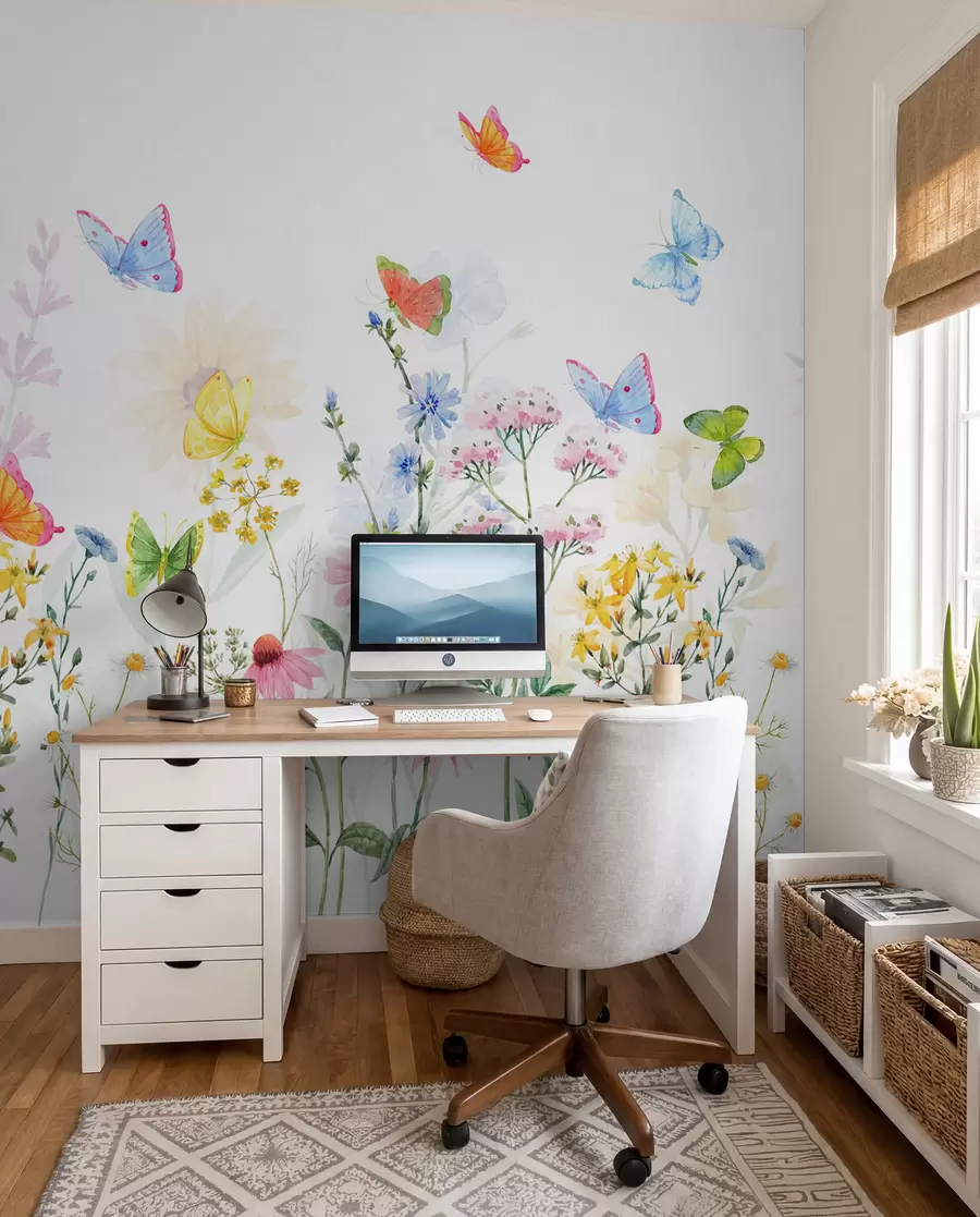 fototapet Flori și plante colorate și fluturi w02238