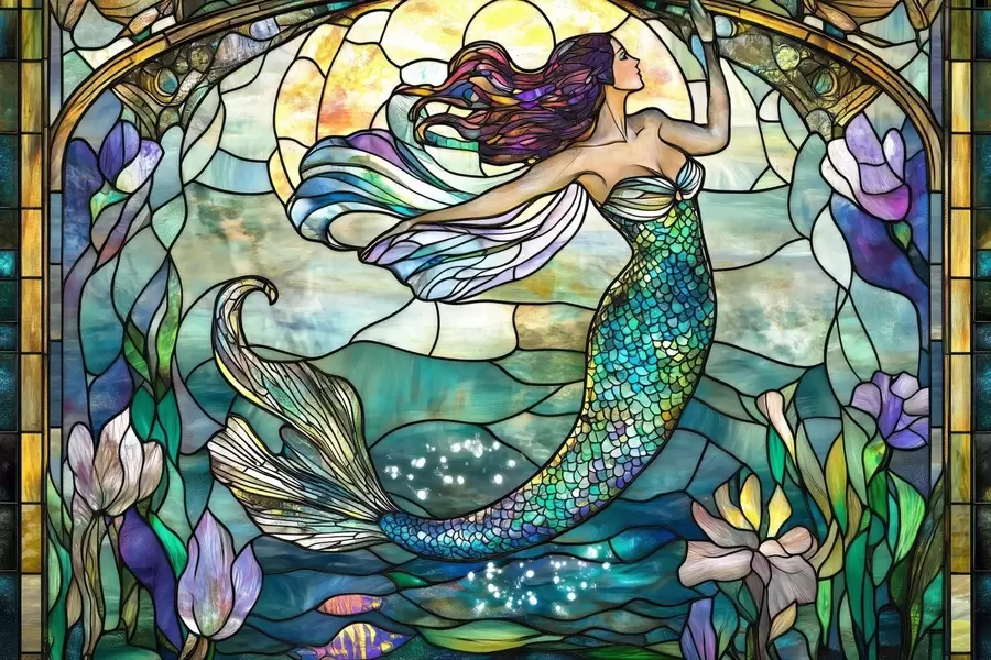 fototapet Wallpaper în stil vitraliu cu imaginea unei sirene magice w02286