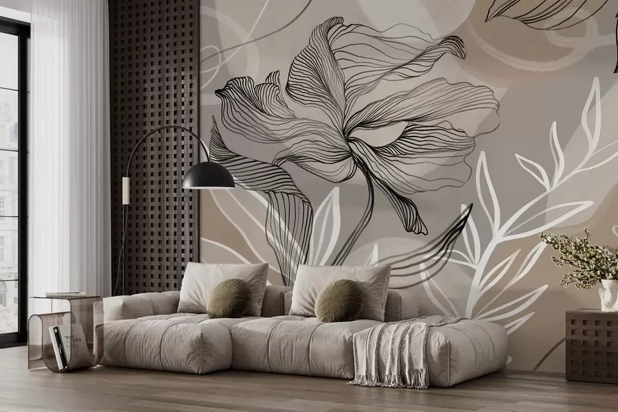 fototapet Imprimeu floral elegant cu flori abstracte mari și frunze în nuanțe de gri și bej pe un fundal deschis w08413