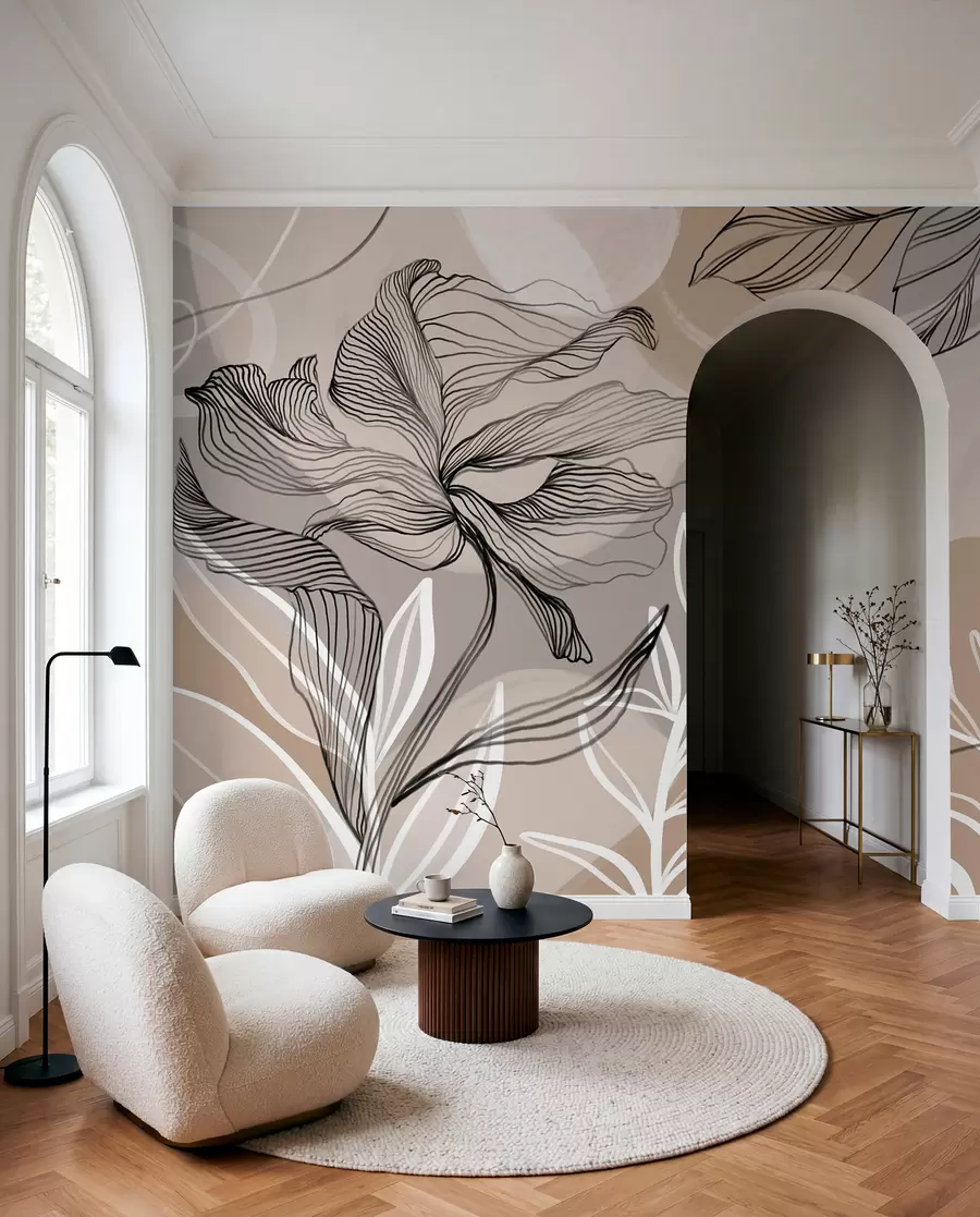 fototapet Imprimeu floral elegant cu flori abstracte mari și frunze în nuanțe de gri și bej pe un fundal deschis w08413