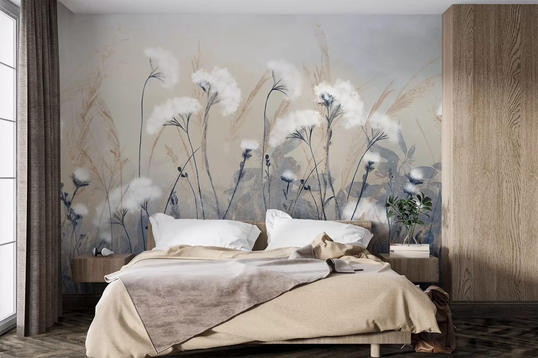 fototapet Iarbă albă pufoasă de bumbac pe un fundal textural neclar, cu o atmosferă moale, cețoasă și senină w08416