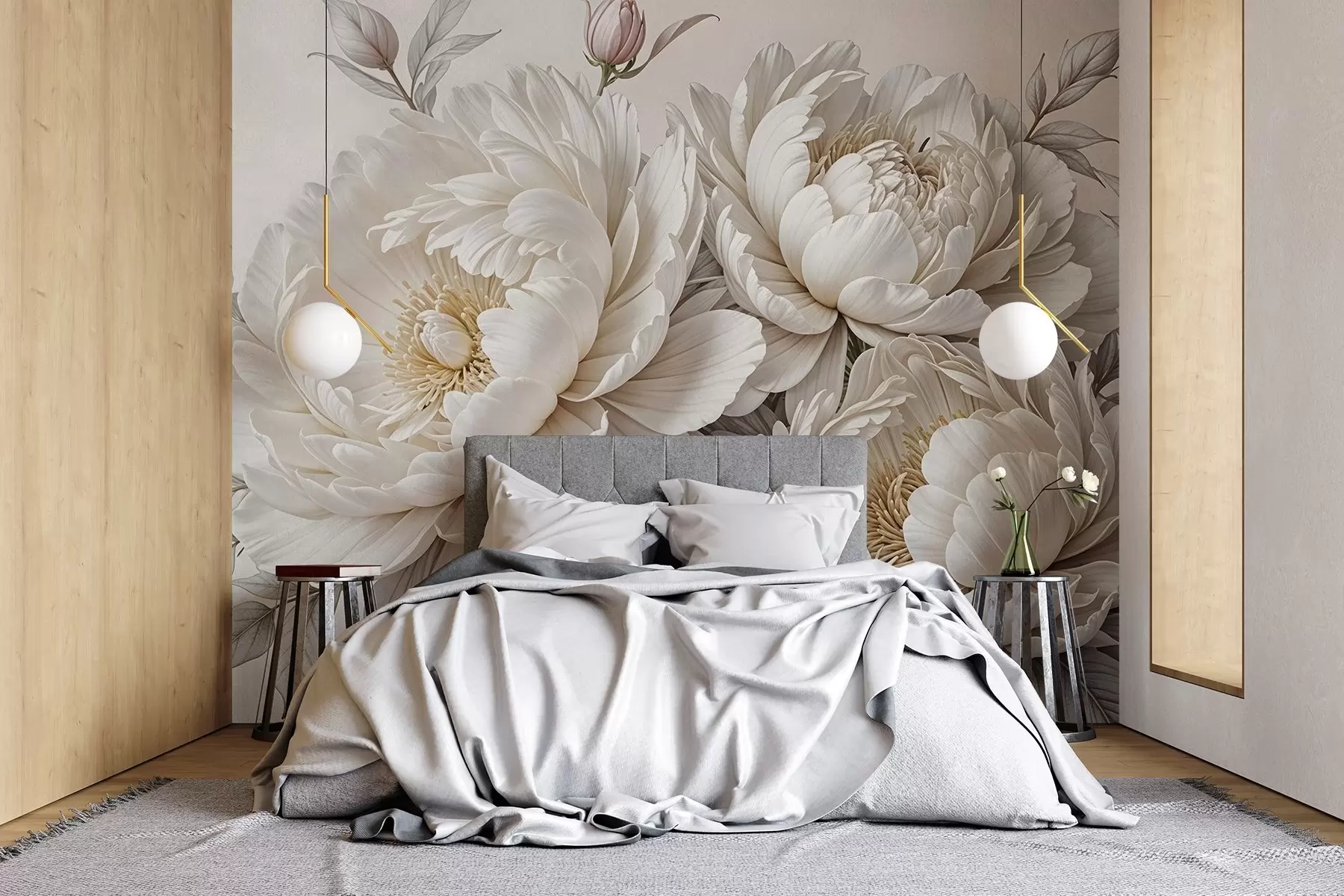 fototapet Delicate bujori albe pastelate cu frunze luxuriante pe un fundal moale, neutru w08420