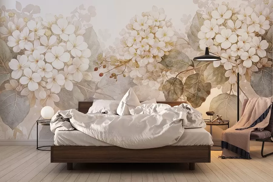 fototapet Flori albe delicate de hortensie cu frunze verzi moi pe un fundal deschis w08422