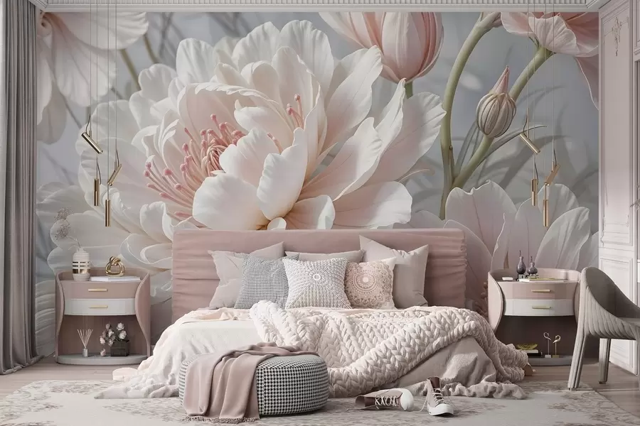 fototapet Flori de bujor mari, delicate, albe și roz, cu petale moi, pufoase, pe un fundal gri neclar w08427