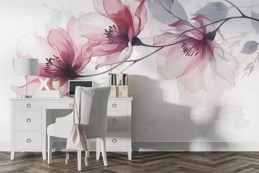 fototapet Delicate flori transparente roz și gri cu petale moi, neclare pe fundal alb w08429