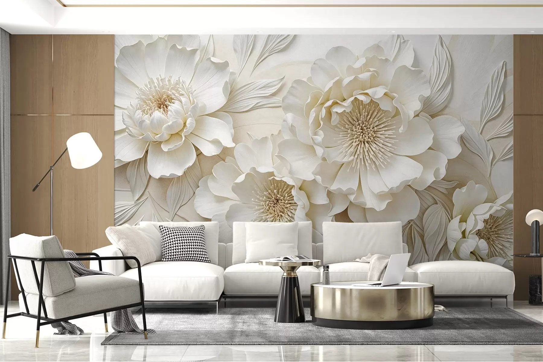 fototapet Elegant voluminoase imitație flori de bujor alb cu petale moi și centre galben pastel, pe un fundal deschis w08431