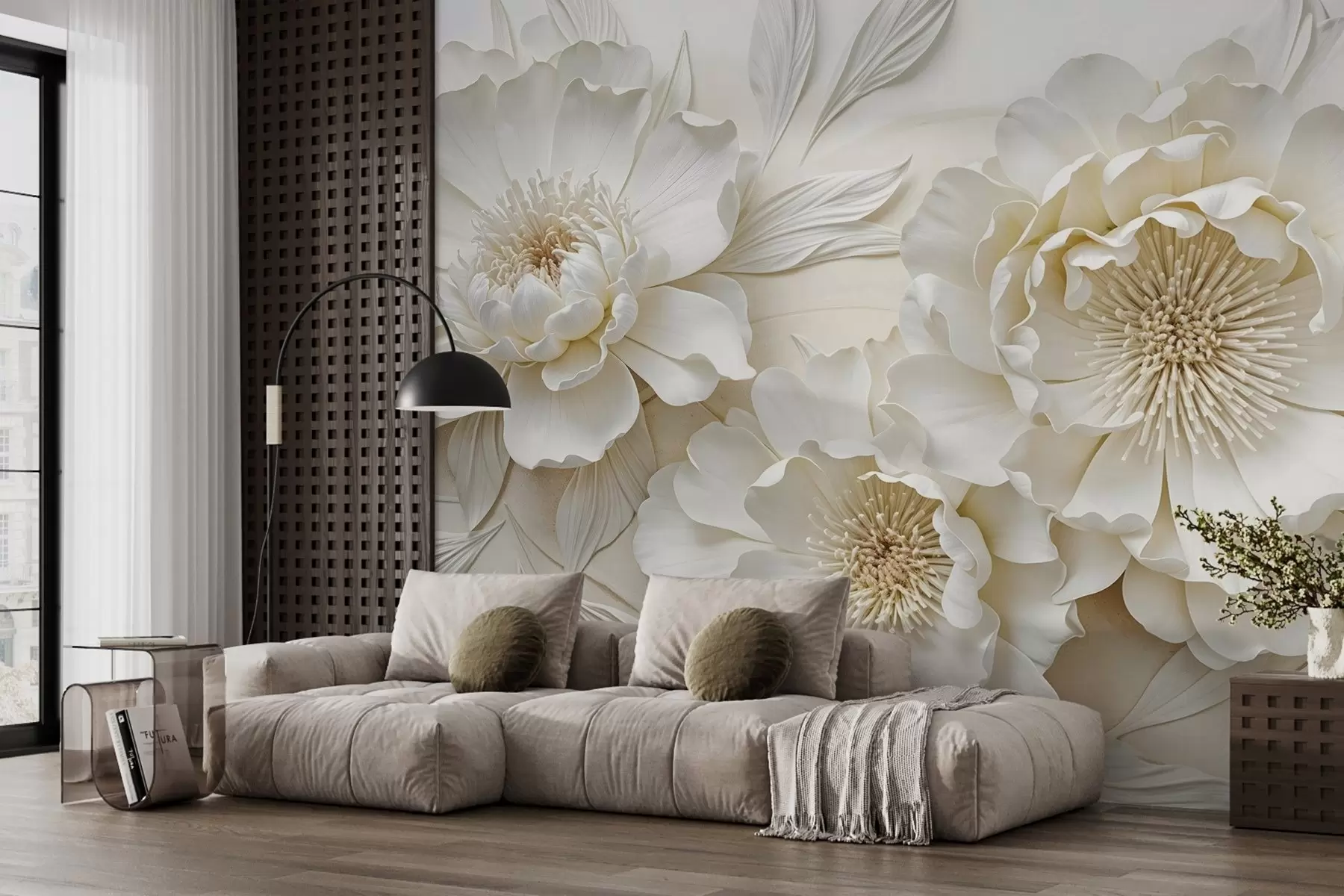 fototapet Elegant voluminoase imitație flori de bujor alb cu petale moi și centre galben pastel, pe un fundal deschis w08431