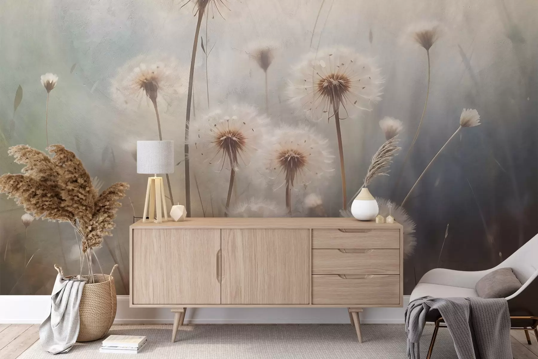 fototapet Focalizare moale flori de păpădie într-un câmp, cu un fundal neclar pastel colorat texturat w08432