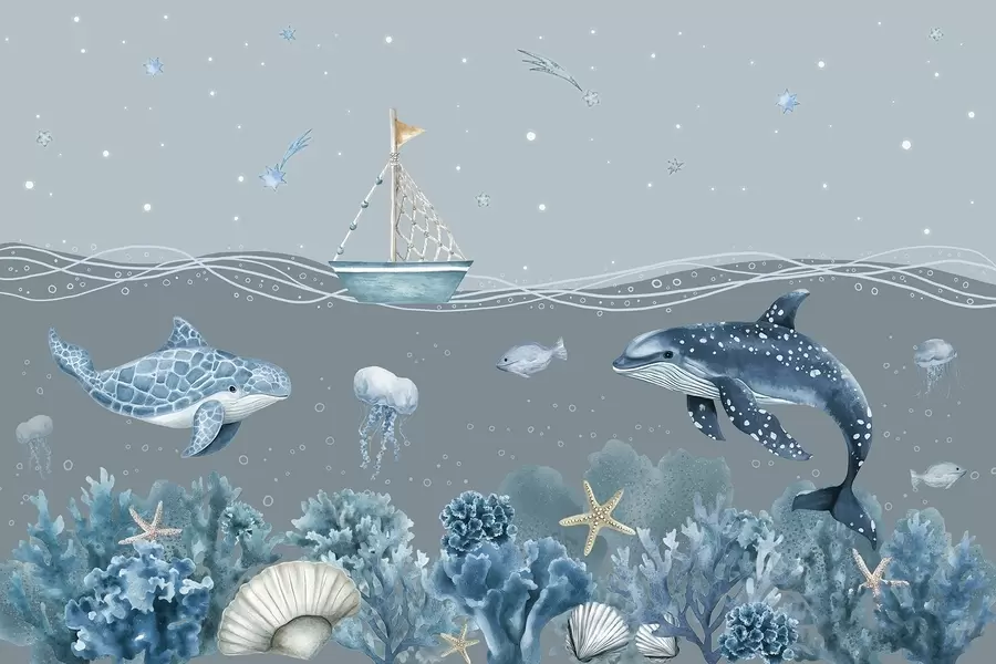 fototapet Viața de mare, stil acuarelă, corali, barcă, delfin, meduză, cer înstelat, culori albastre moi w02310v3