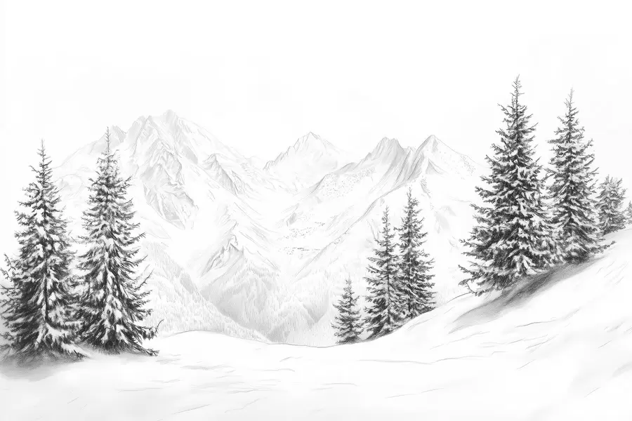 fototapet Munți înzăpeziți, desen în stil creion, minimalism, pădure, natură w02351