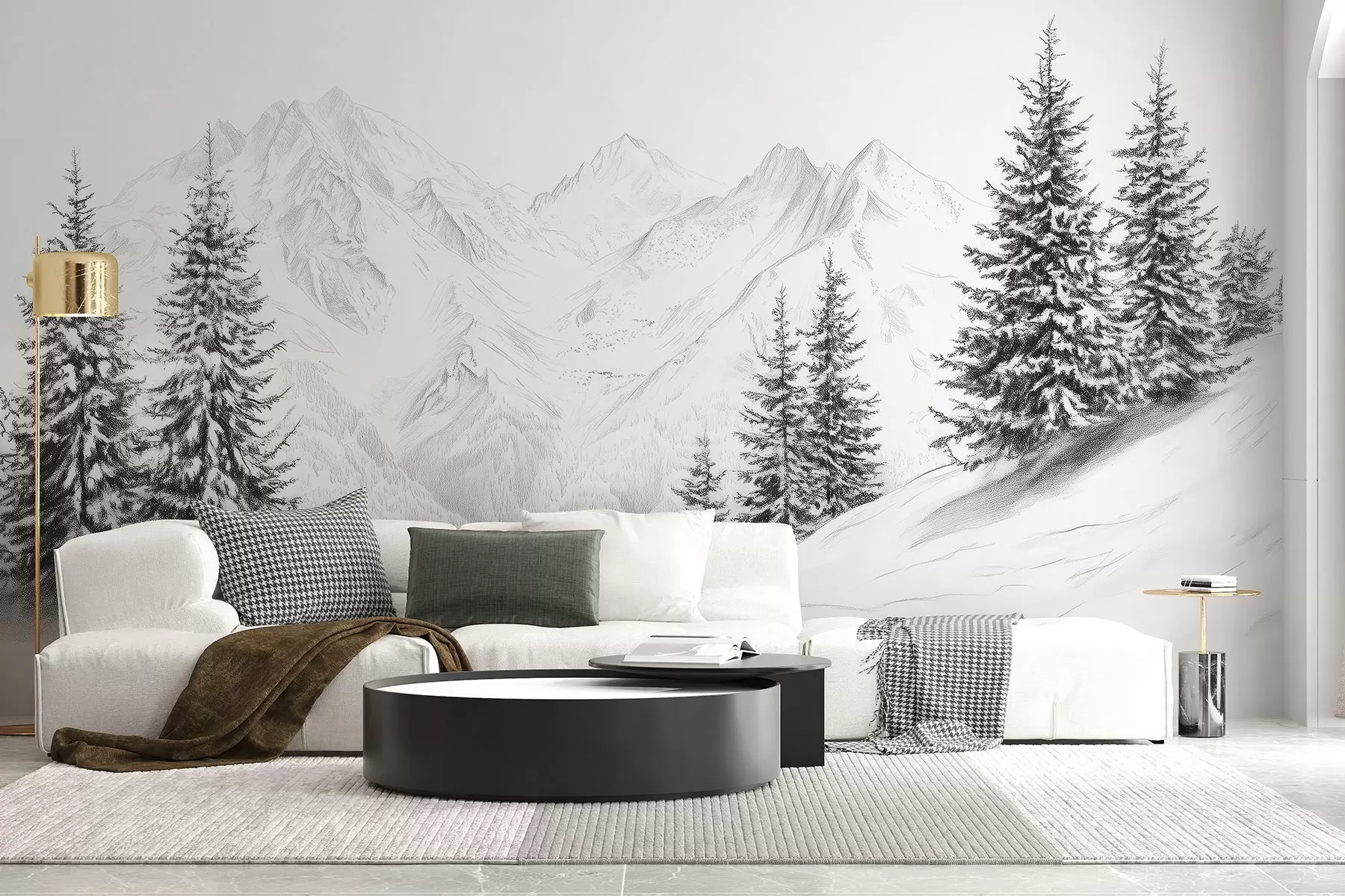 fototapet Munți înzăpeziți, desen în stil creion, minimalism, pădure, natură w02351