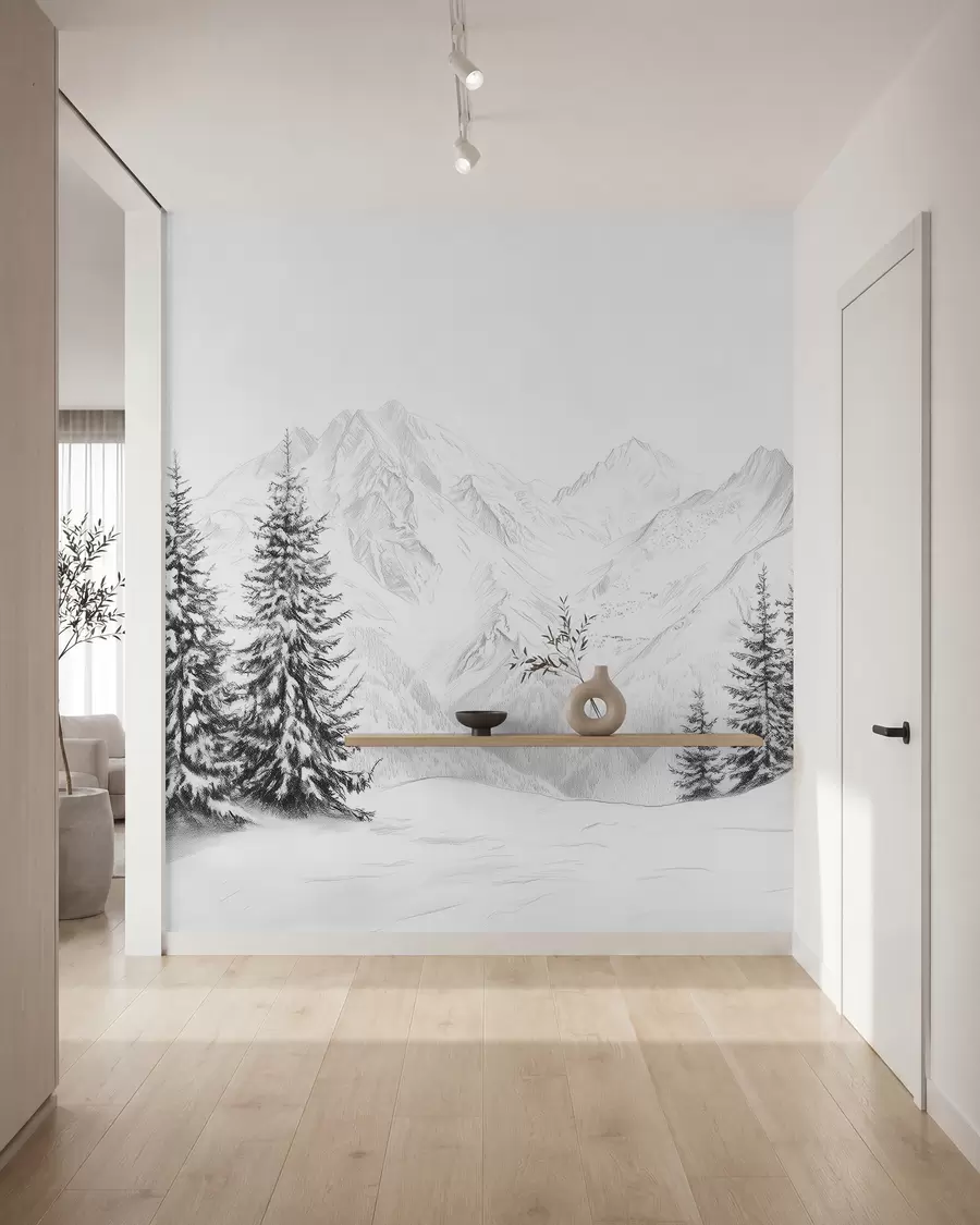fototapet Munți înzăpeziți, desen în stil creion, minimalism, pădure, natură w02351