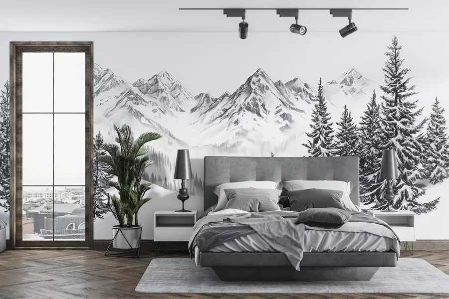 fototapet Munți alpini în zăpadă, stil creion, minimalism w02352