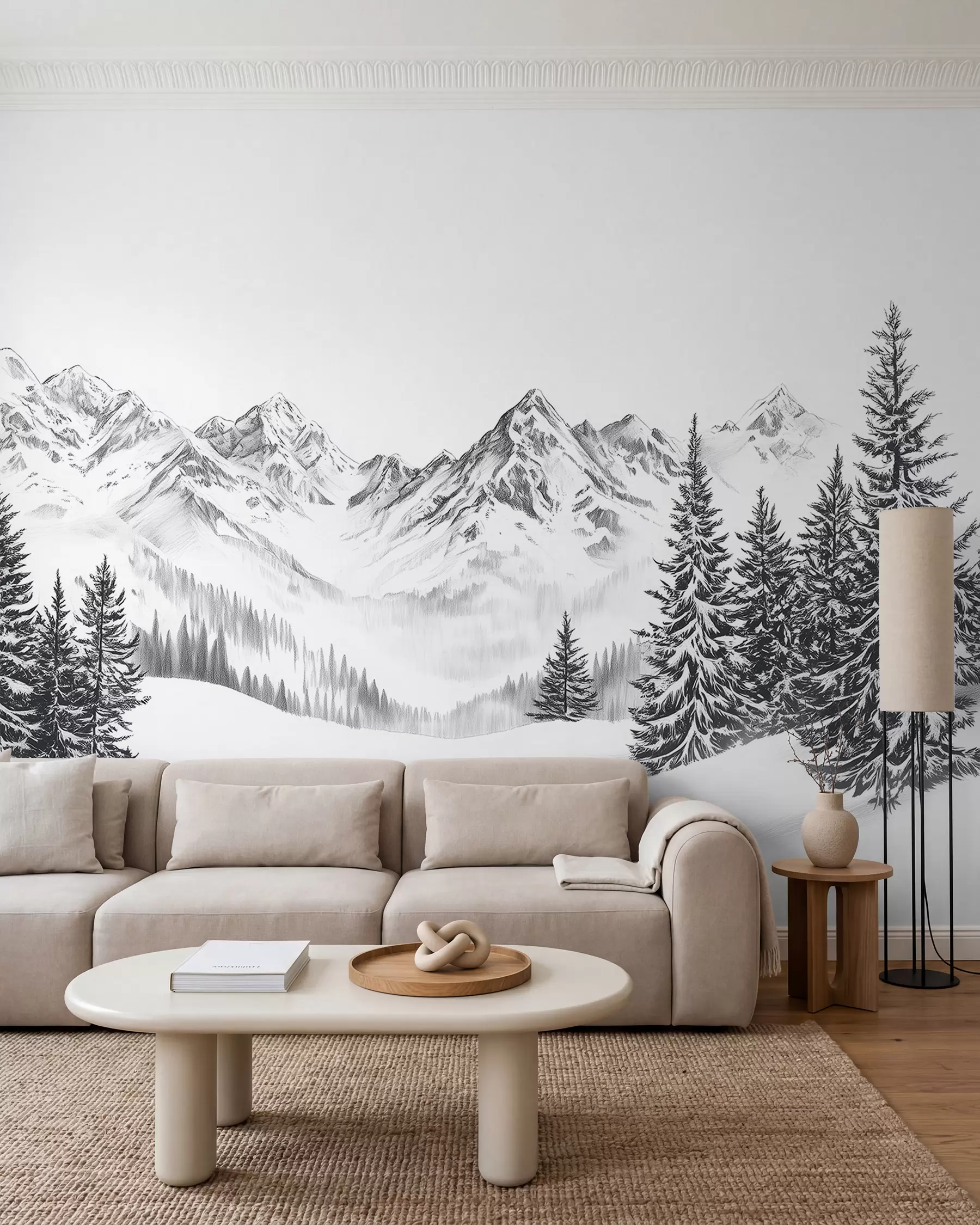 fototapet Munți alpini în zăpadă, stil creion, minimalism w02352