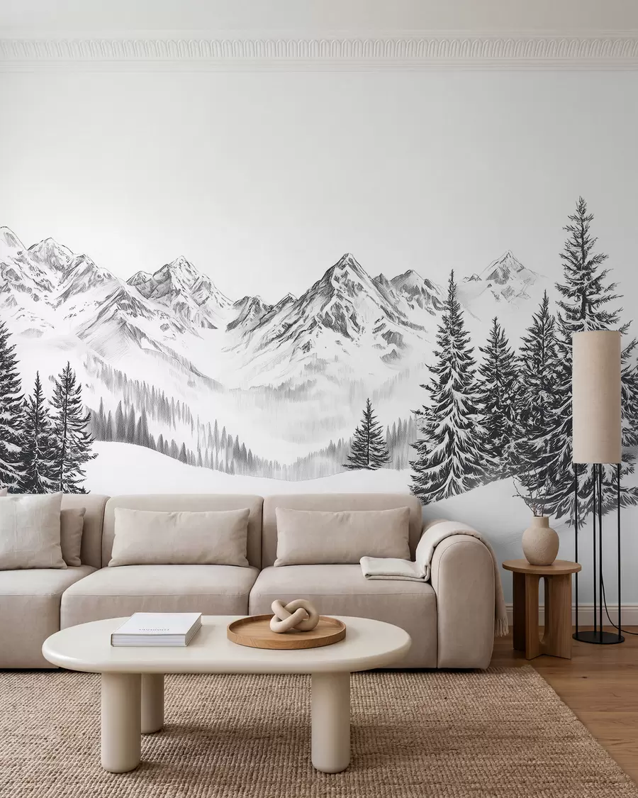 fototapet Munți alpini în zăpadă, stil creion, minimalism w02352