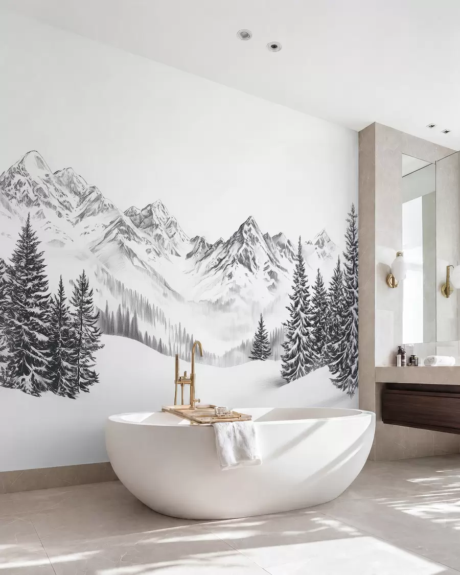 fototapet Munți alpini în zăpadă, stil creion, minimalism w02352