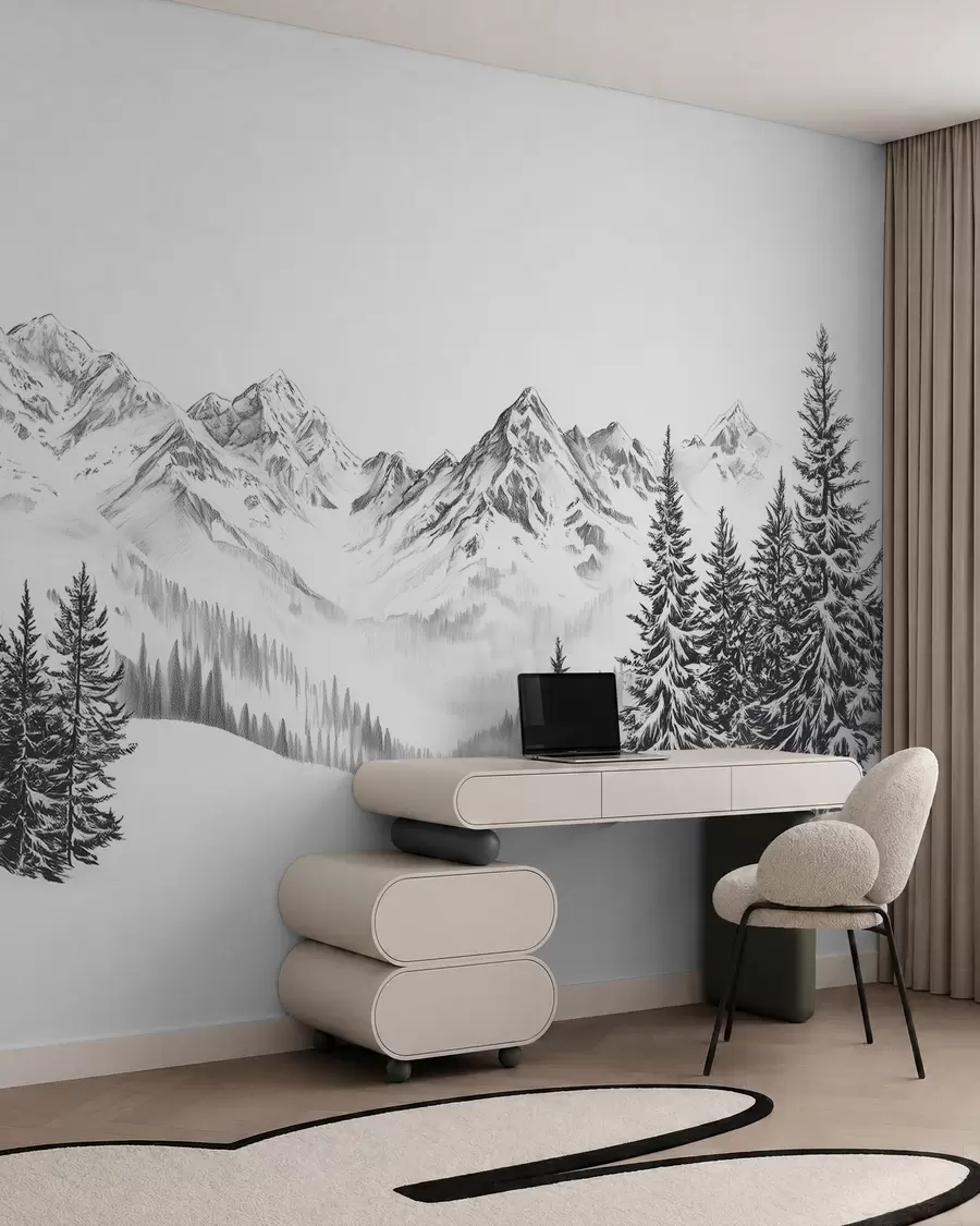 fototapet Munți alpini în zăpadă, stil creion, minimalism w02352