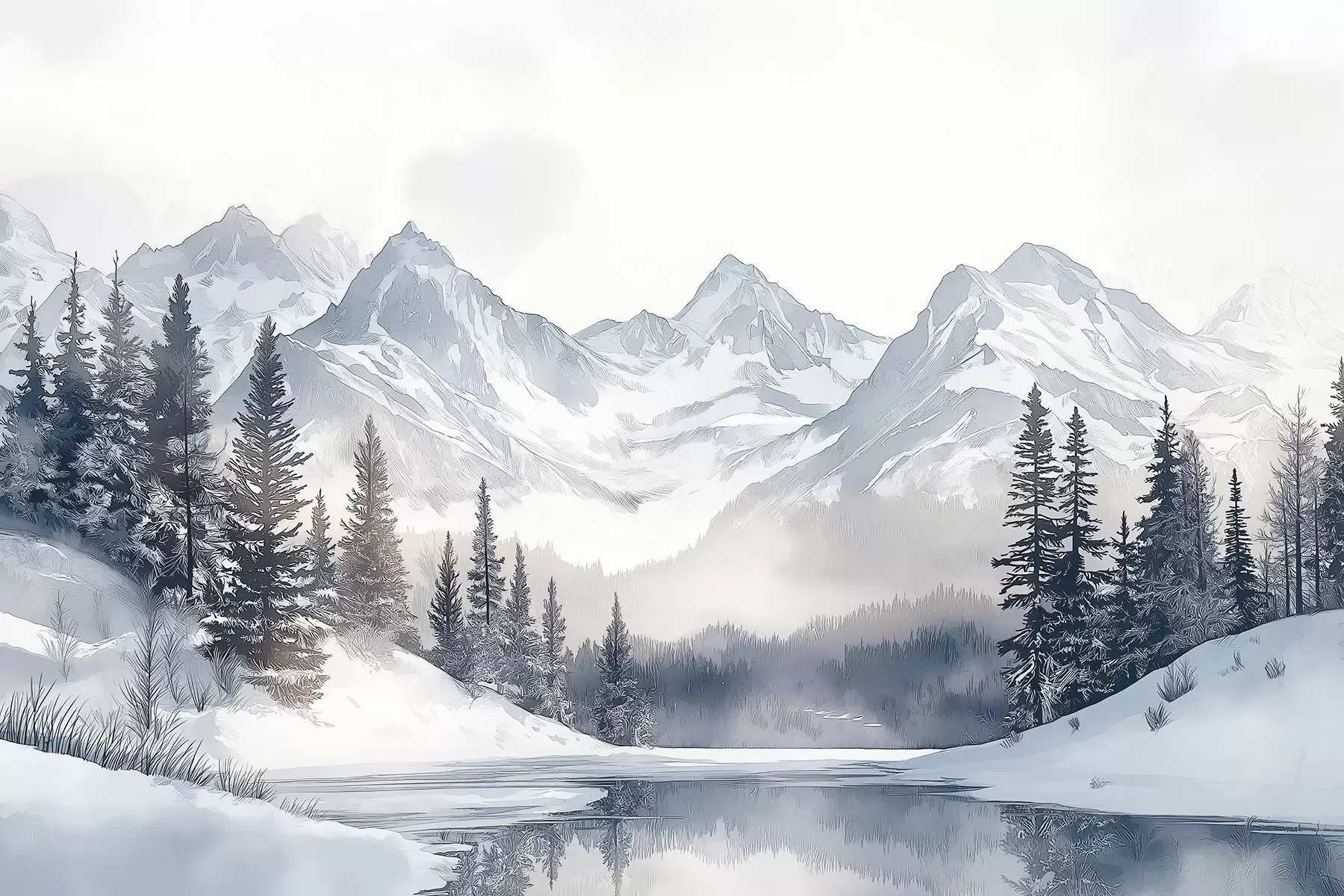 fototapet Munți cu lac, iarnă, pădure, apus de soare, natură w02357
