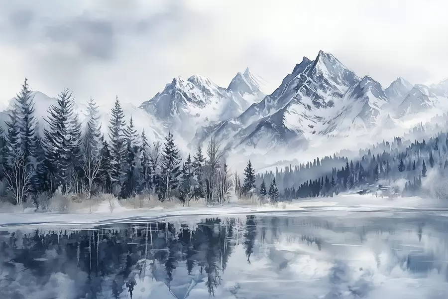 fototapet Alpii în zăpadă, pădure de iarnă, lac înghețat, paletă de culori albastre w02358