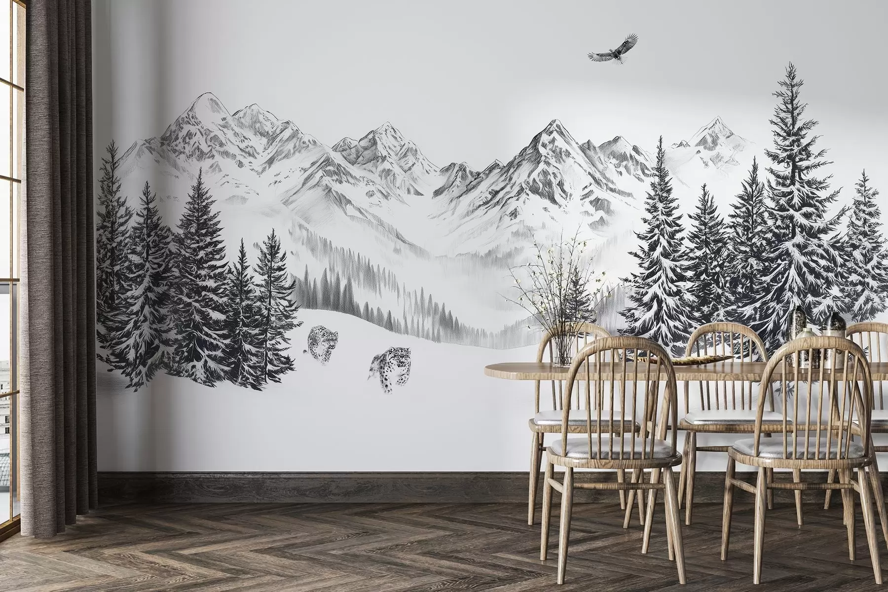 fototapet Munți de iarnă, leoparzi de zăpadă, pădure de pini, desen în creion, vultur zburător w02360