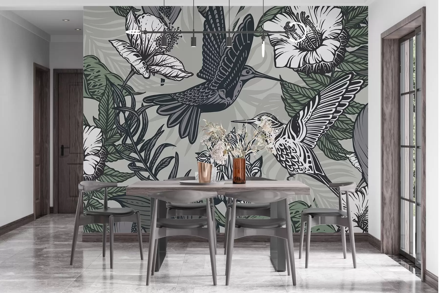 fototapet Pasăre colibri și flori înflorite pe un fundal gri w02362v1