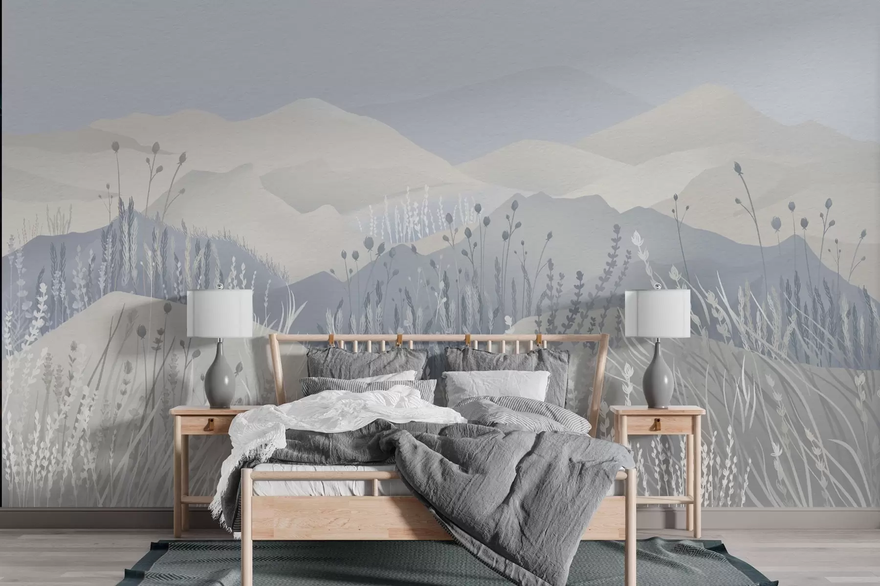 fototapet Munți cețoși, iarbă de câmp și flori în tonuri albastre w02317v1