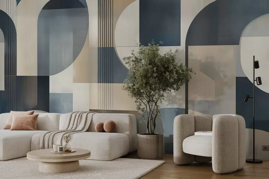 fototapet Tapet Art Deco cu un model geometric în nuanțe de albastru, bej și lăptos w02346