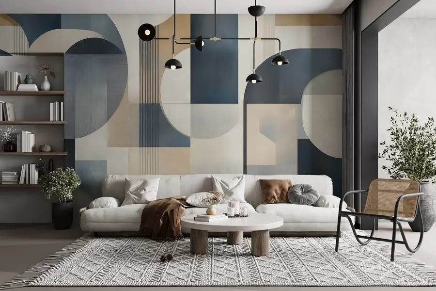 fototapet Tapet Art Deco cu un model geometric în nuanțe de albastru, bej și lăptos w02346