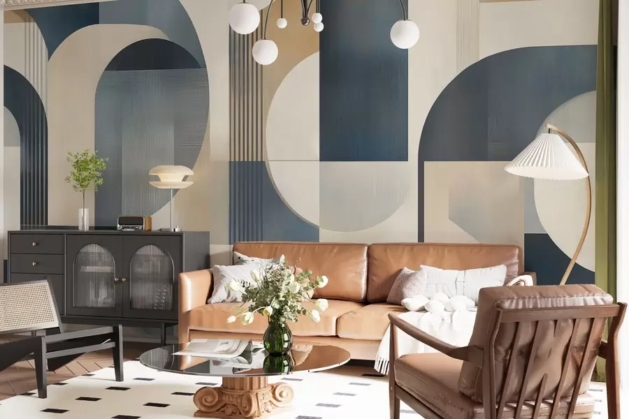 fototapet Tapet Art Deco cu un model geometric în nuanțe de albastru, bej și lăptos w02346