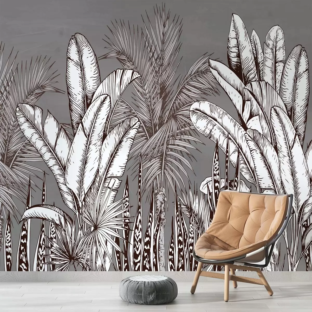 fototapet Model cu frunze tropicale pe un fundal gri w02299