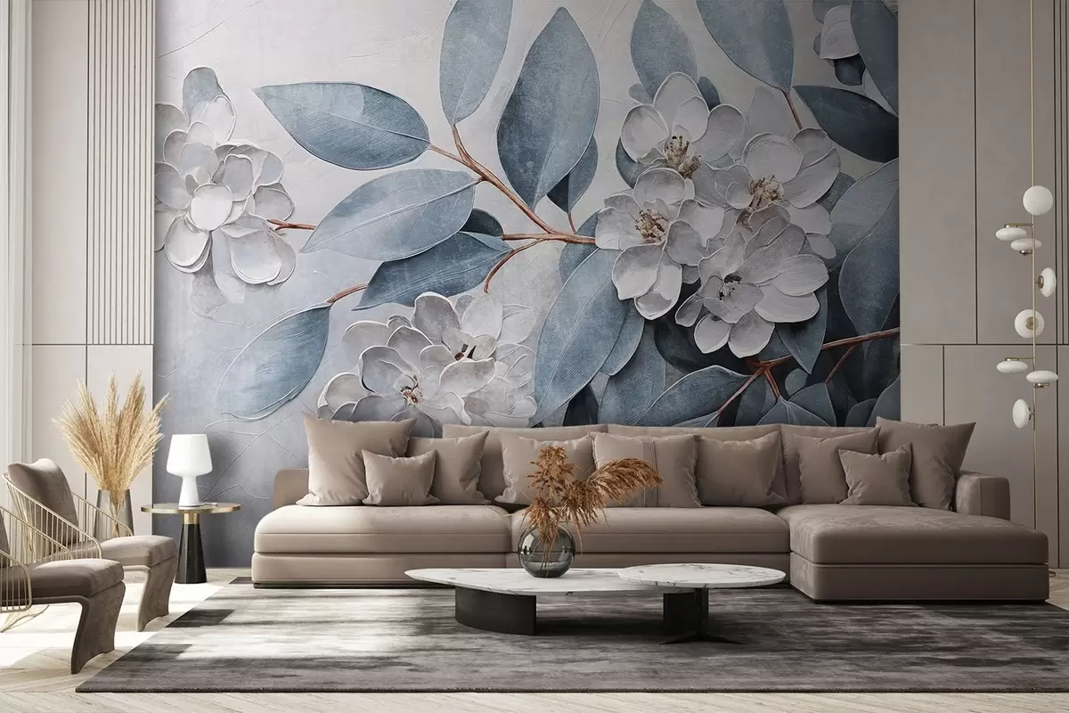 fototapet Delicate flori albe cu frunze gri-verde pe un fundal moale, atenuat în stil pictură în ulei w08437