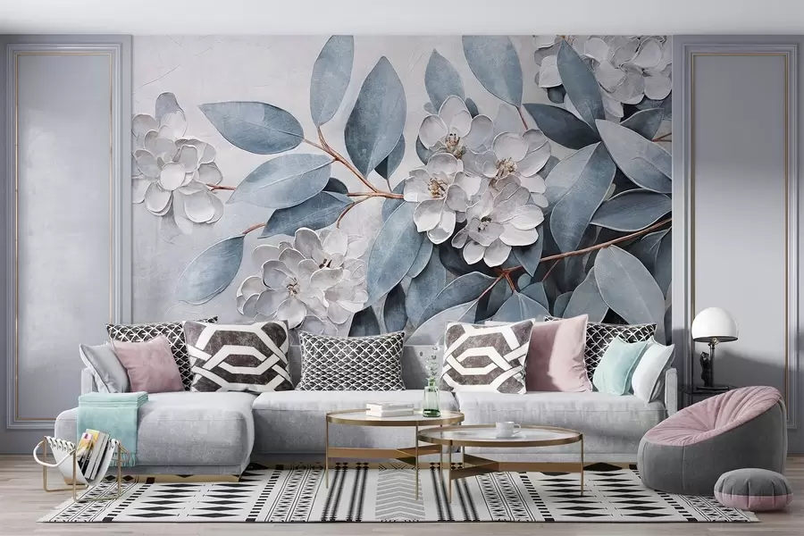fototapet Delicate flori albe cu frunze gri-verde pe un fundal moale, atenuat în stil pictură în ulei w08437
