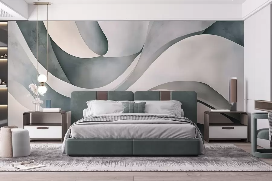 fototapet Forme și forme curbate albe, albastre și gri, creând o imprimare abstractă texturală modernă minimalistă w08439v1