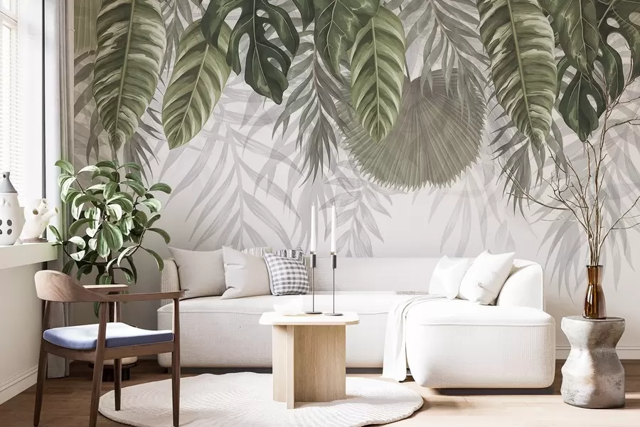 fototapet Frunze tropicale în nuanțe de verde, inclusiv frunze mari de monstera și frunze de palmier pe fundal alb w08443
