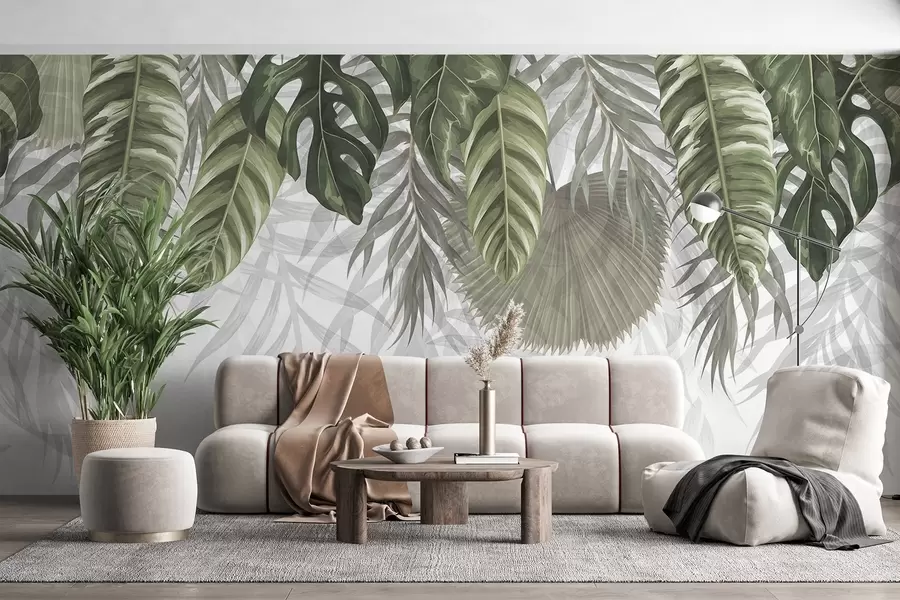 fototapet Frunze tropicale în nuanțe de verde, inclusiv frunze mari de monstera și frunze de palmier pe fundal alb w08443