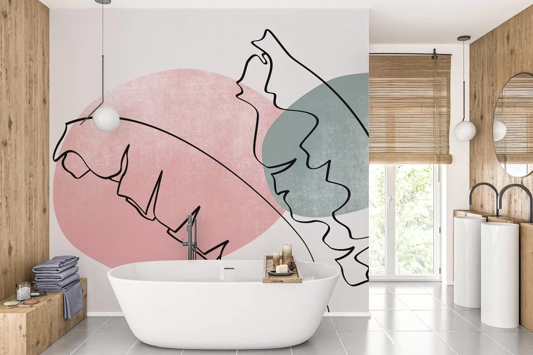 fototapet Banana frunze de palmier linie de desen pe pata textura roz și verde w02423