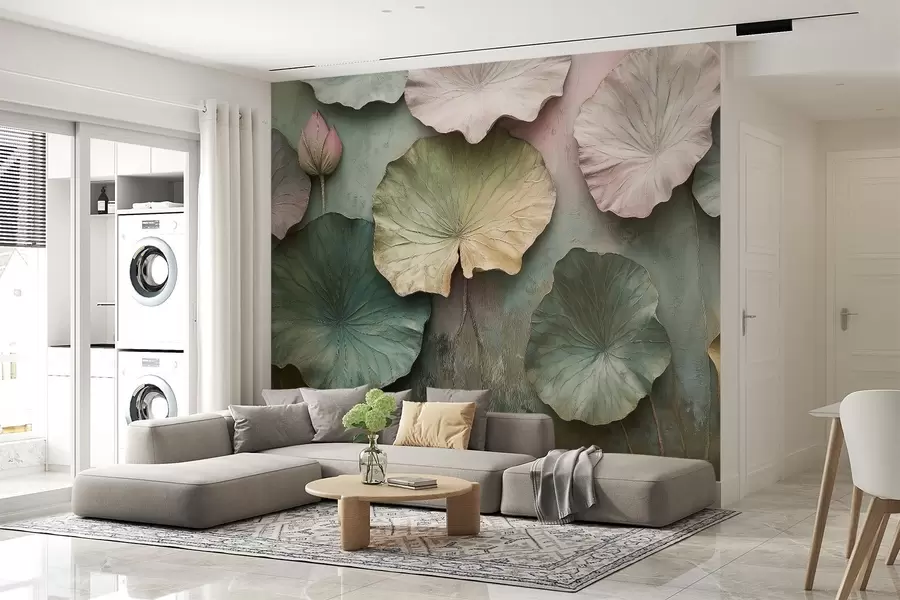 fototapet frunze de lotus în stil pastel cu un efect de volum w02441