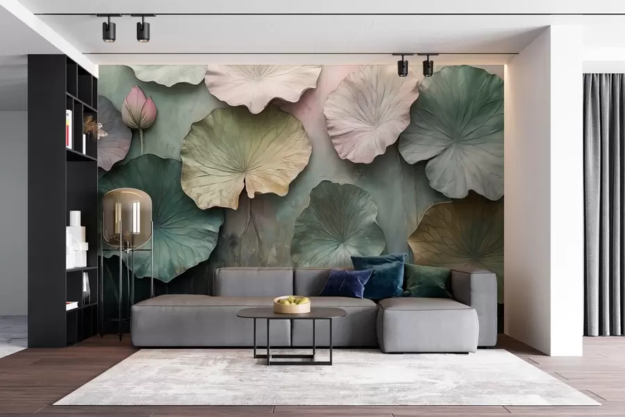 fototapet frunze de lotus în stil pastel cu un efect de volum w02441