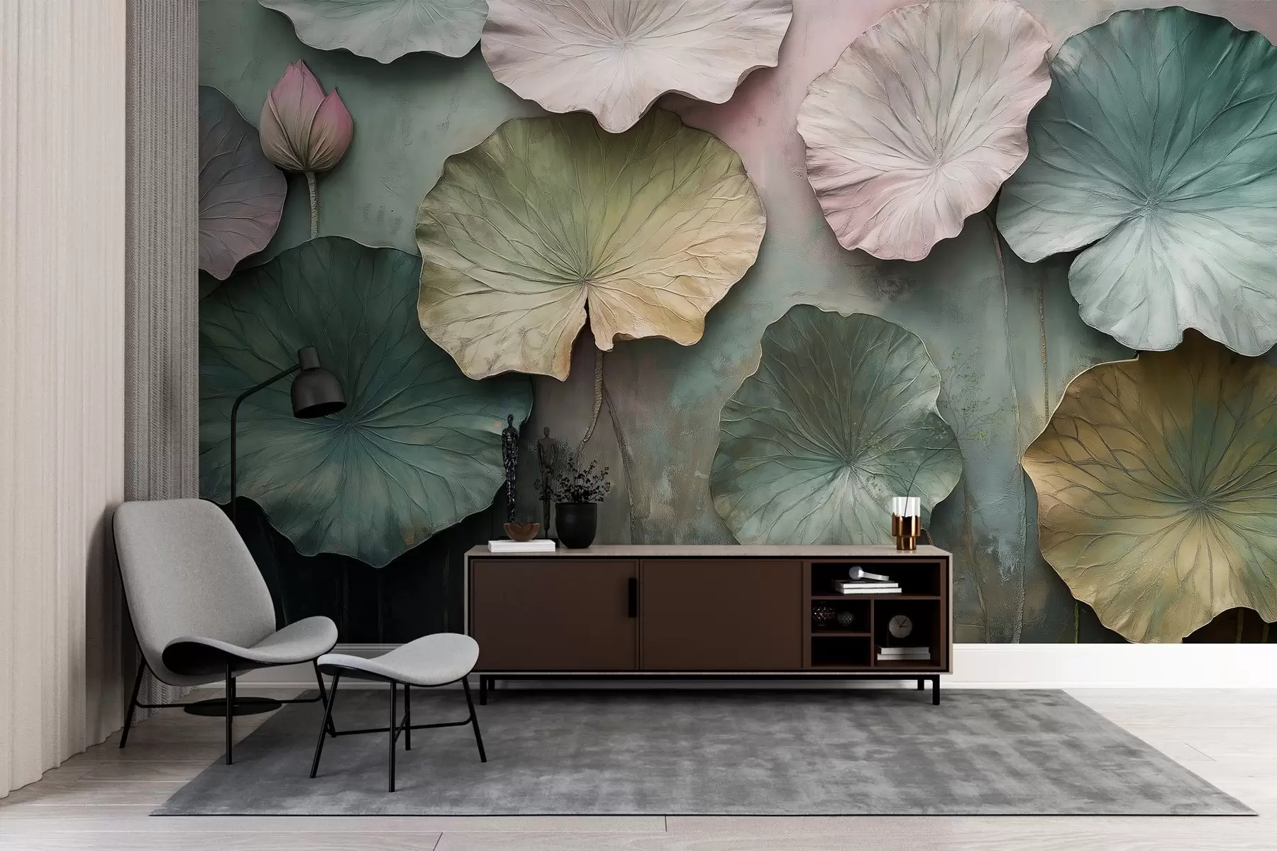 fototapet frunze de lotus în stil pastel cu un efect de volum w02441