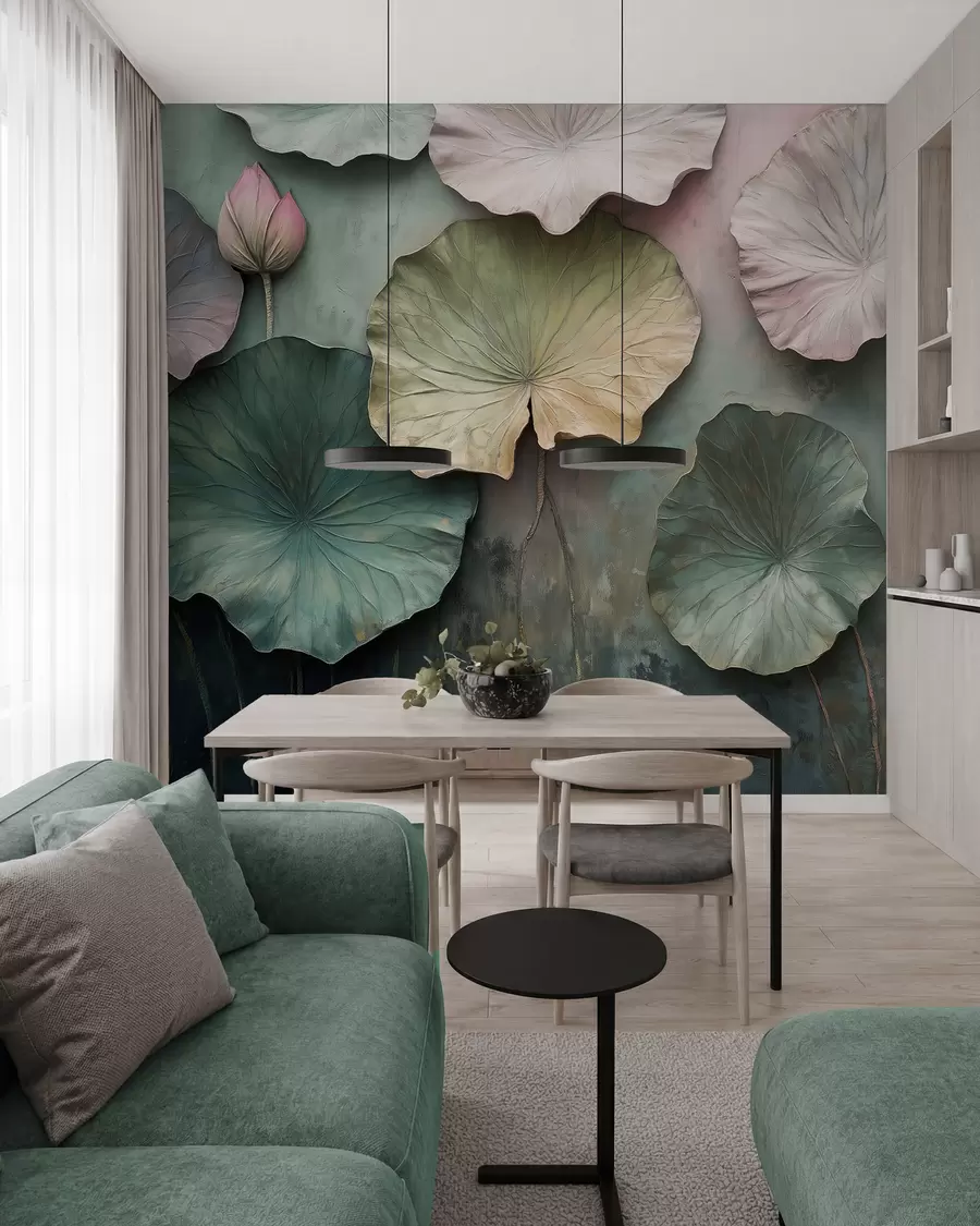 fototapet frunze de lotus în stil pastel cu un efect de volum w02441