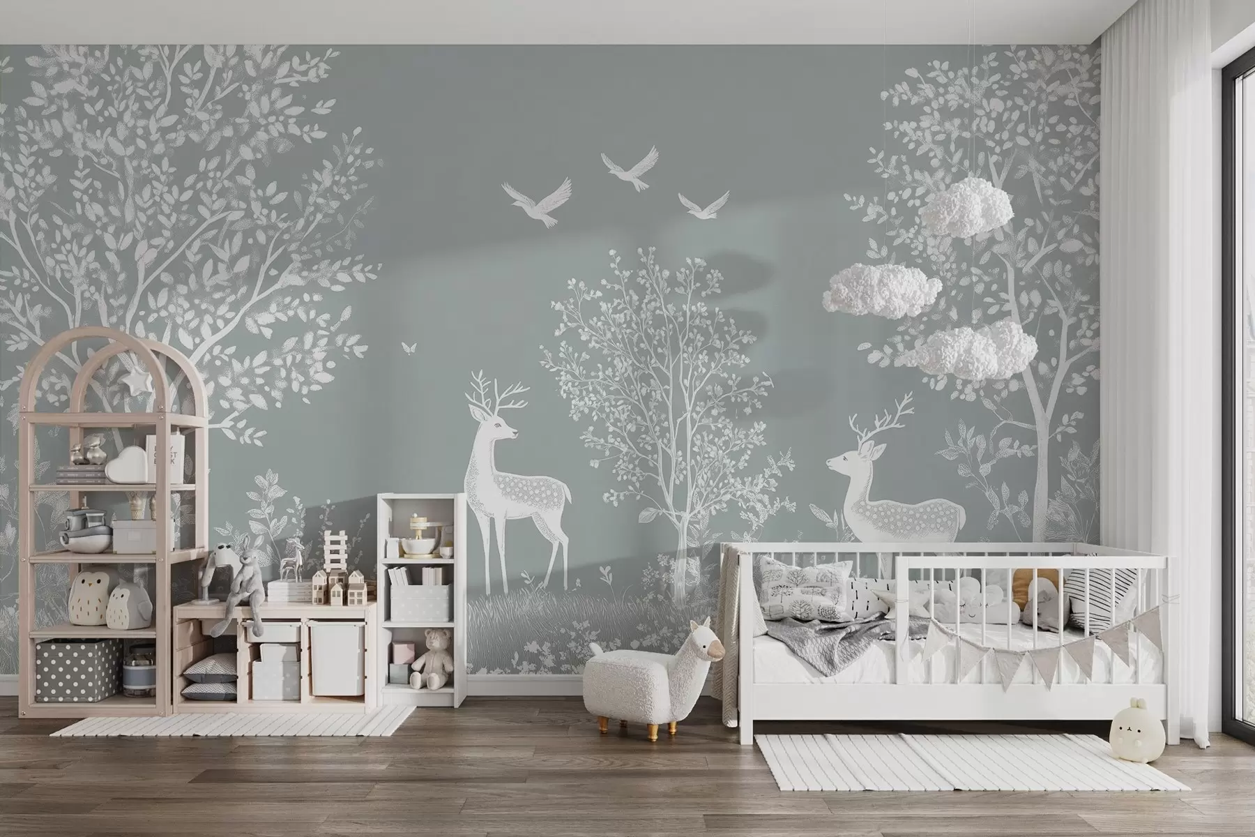 fototapet pădure cu căprioare în stilul unui desen cu cretă pe un fundal gri w02444v2