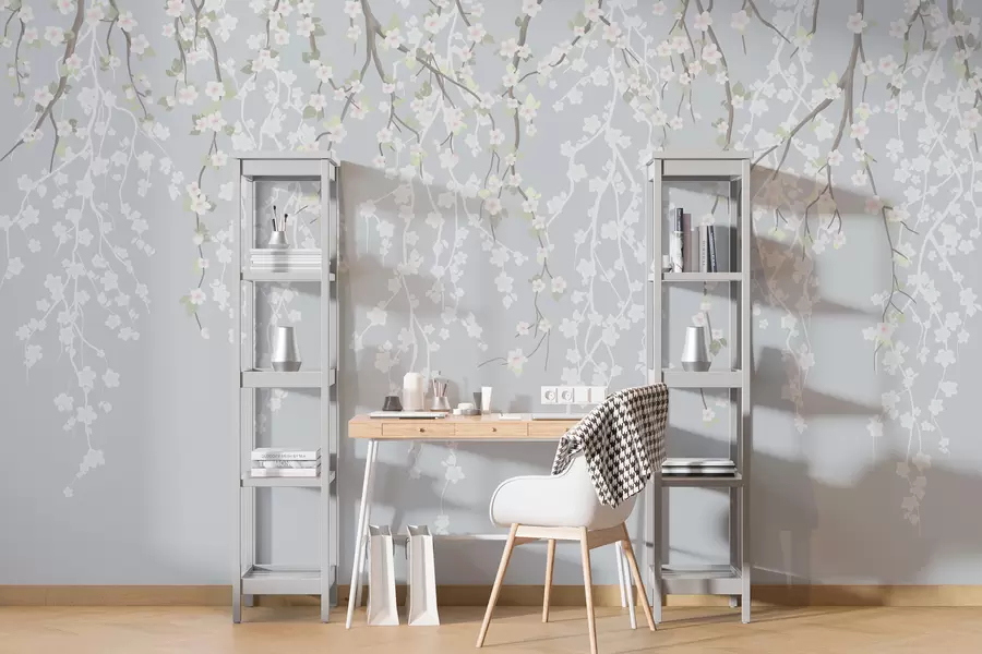 fototapet Căzând ramuri delicate cu flori pe un fundal albastru w02479