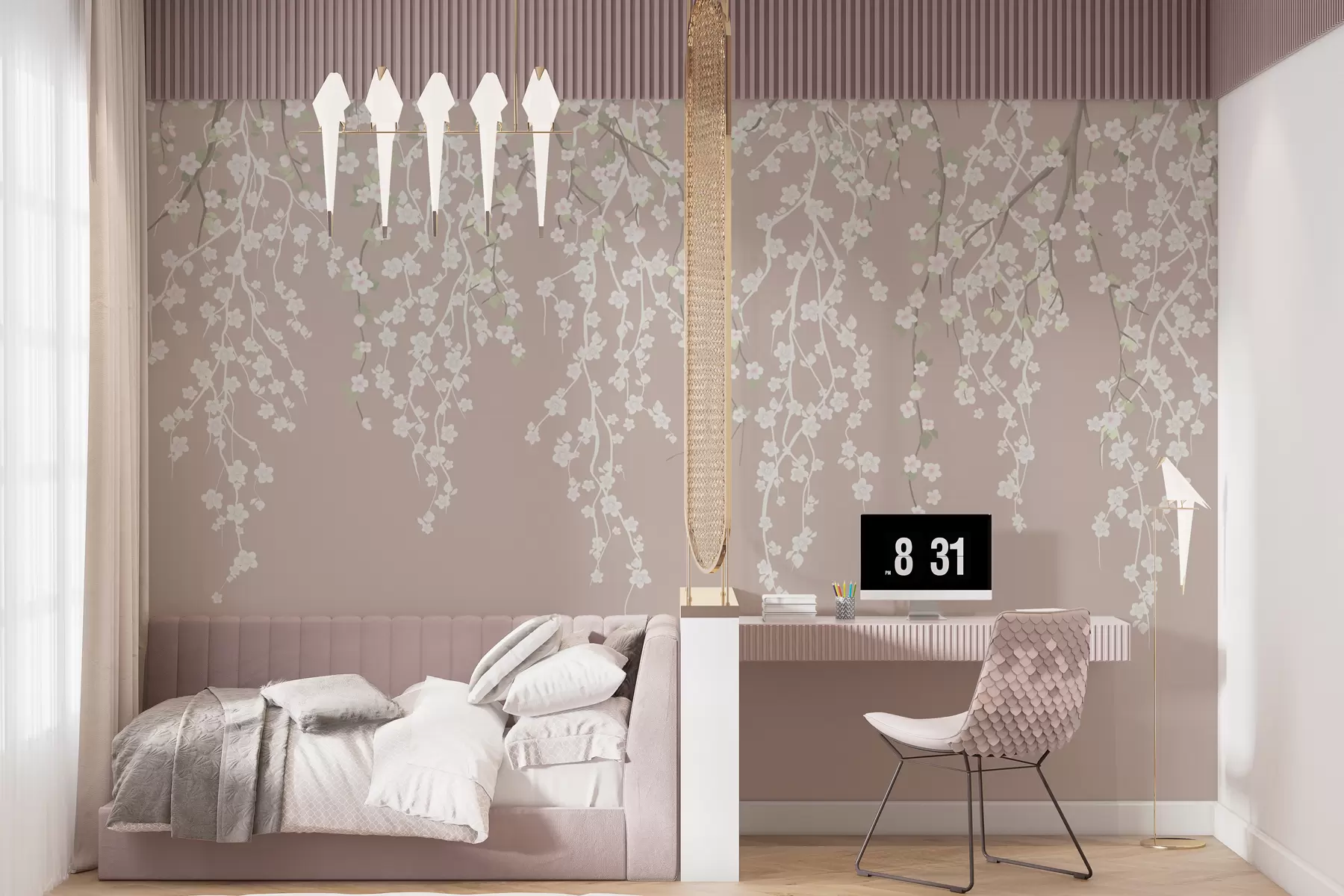 fototapet Ramuri delicate curgătoare cu flori pe un fundal pastel w02479v2