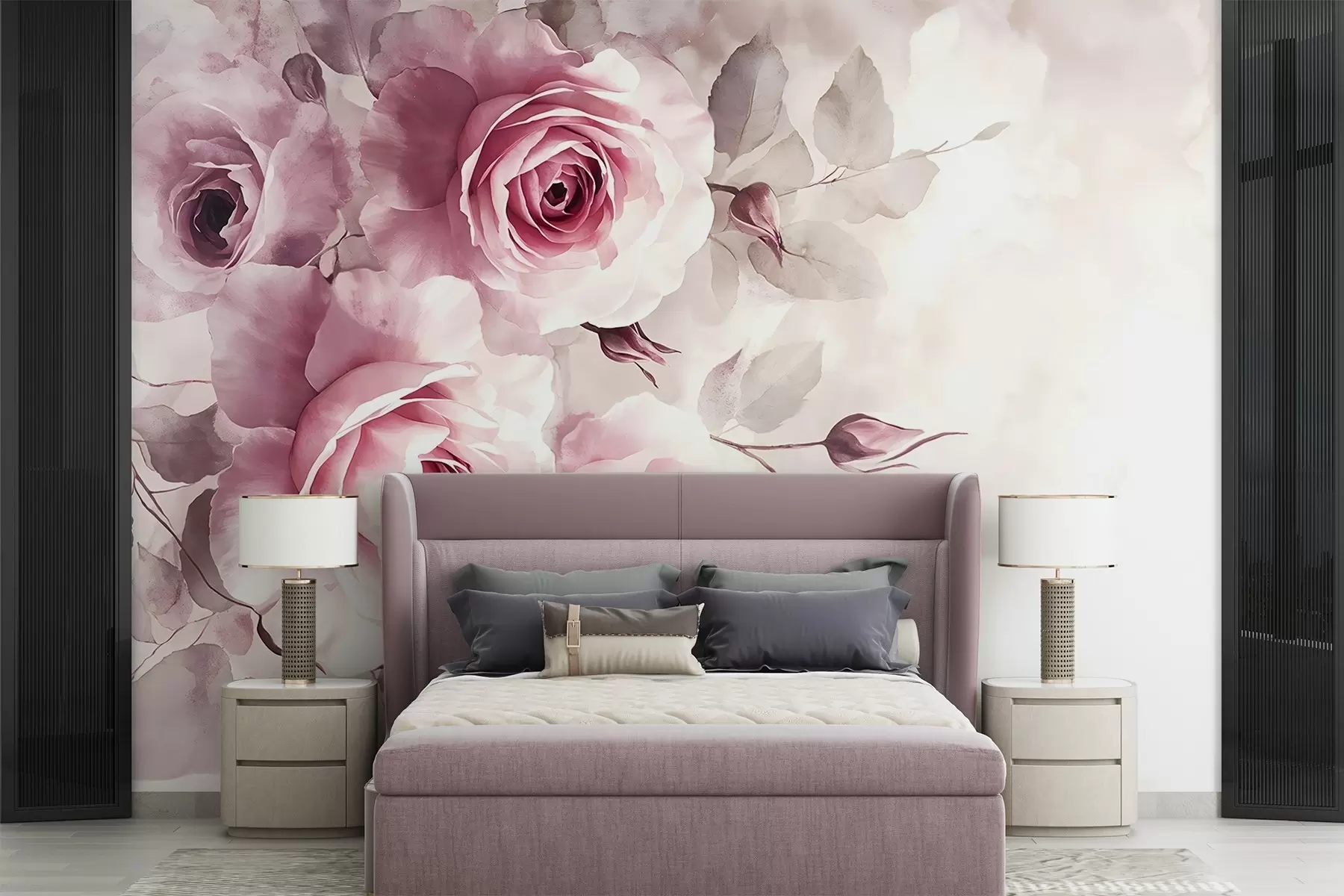 fototapet Delicate pastel roz trandafiri și frunze cu fundal moale, blurat imitație acuarelă w08459
