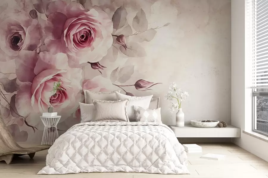 fototapet Delicate pastel roz trandafiri și frunze cu fundal moale, blurat imitație acuarelă w08459