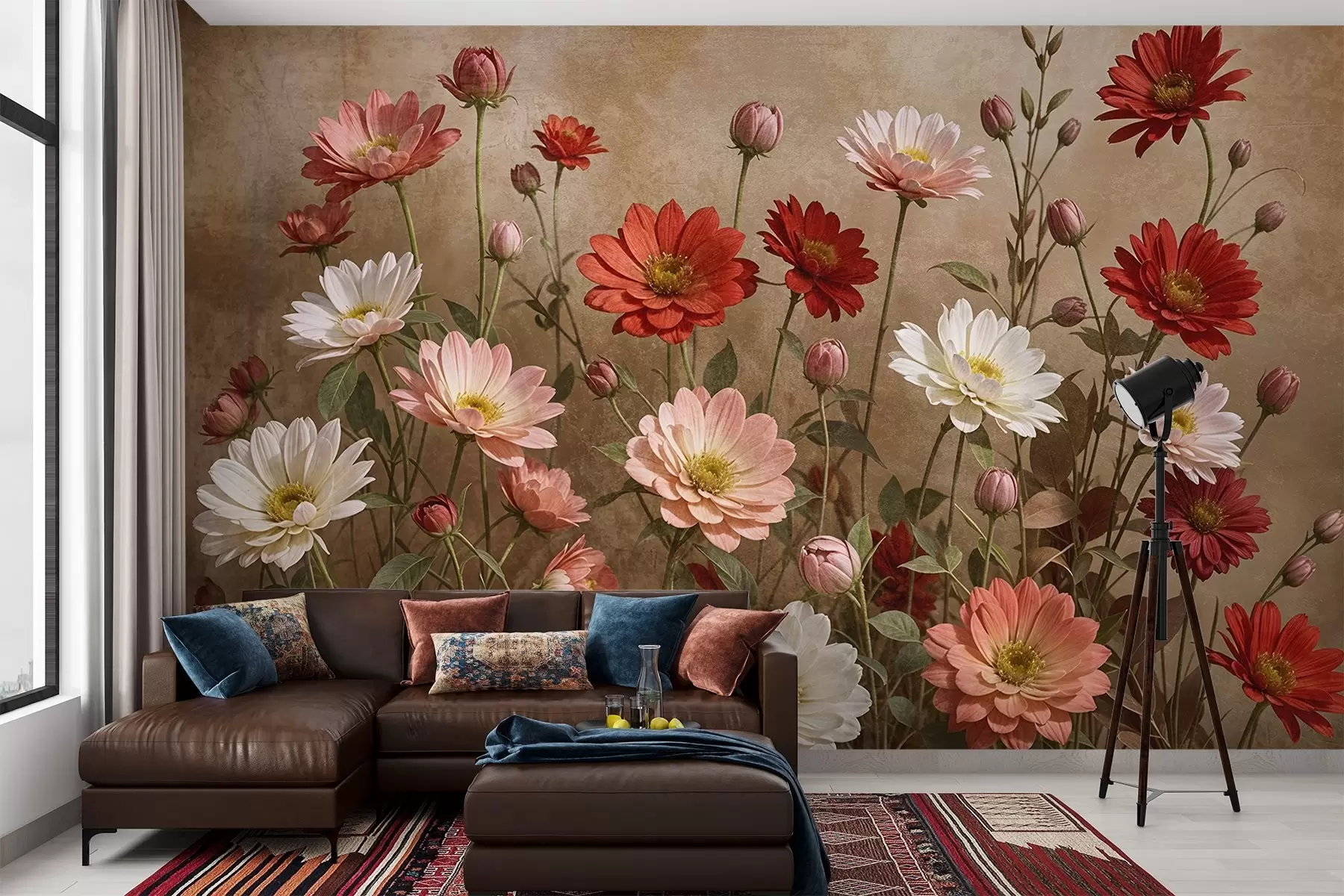 fototapet Un câmp de flori colorate asemănătoare margaretelor în diferite nuanțe de roz, roșu și alb pe un fundal texturat w08462